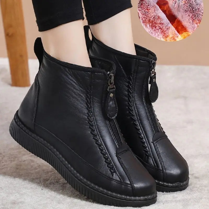 Botas de tornozelo de fundo plano quentes para mulheres, antiderrapante, fecho de zíper frontal, calçado confortável, moda feminina, inverno, 2023