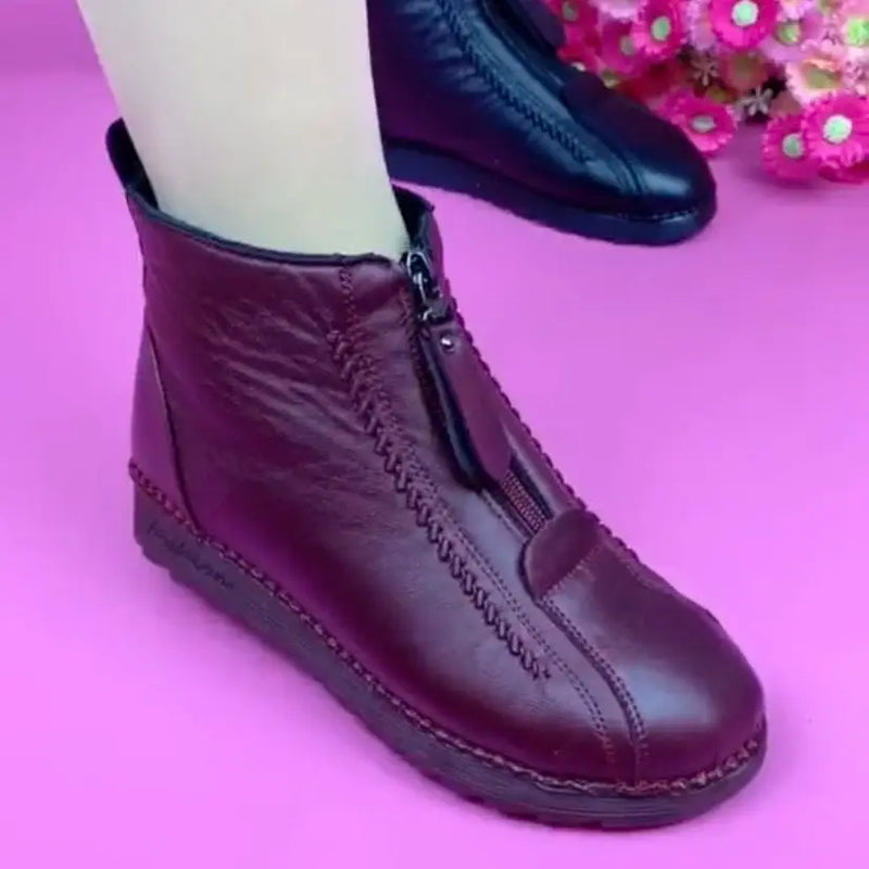 Botas de tornozelo de fundo plano quentes para mulheres, antiderrapante, fecho de zíper frontal, calçado confortável, moda feminina, inverno, 2023