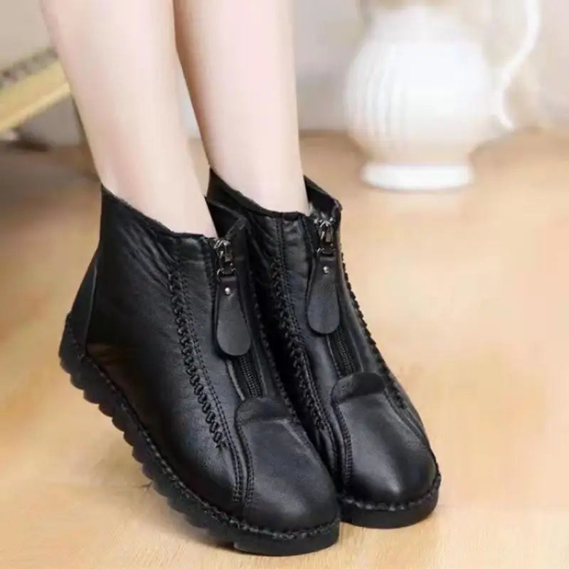 Botas de tornozelo de fundo plano quentes para mulheres, antiderrapante, fecho de zíper frontal, calçado confortável, moda feminina, inverno, 2023