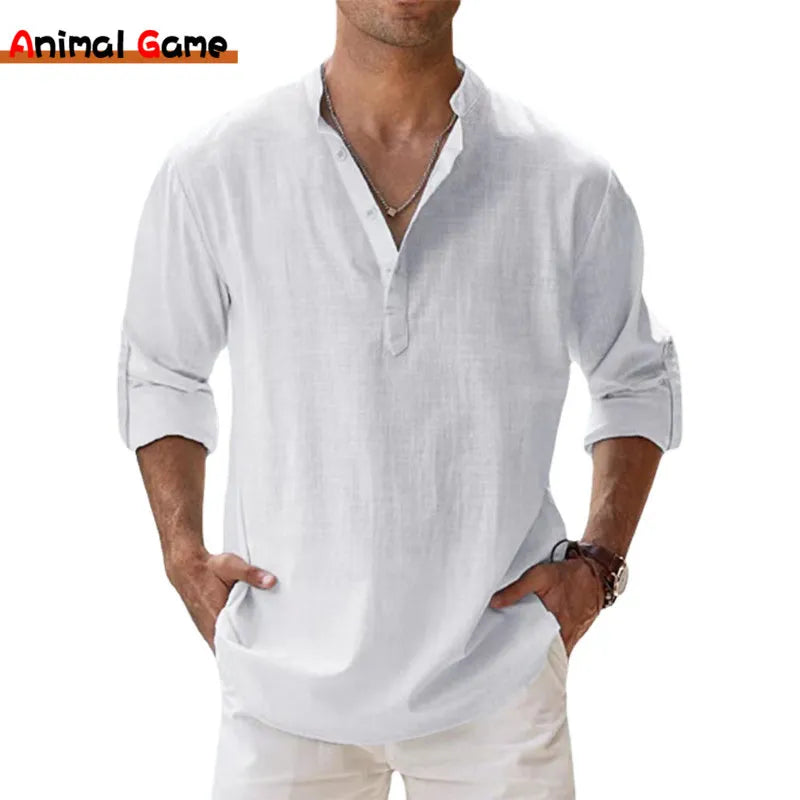 Camisa de linho Breezy. Camisas de linho de algodão para homens, camisas leves casuais manga comprida, camisas de Henley Beach, camisetas havaianas, novas