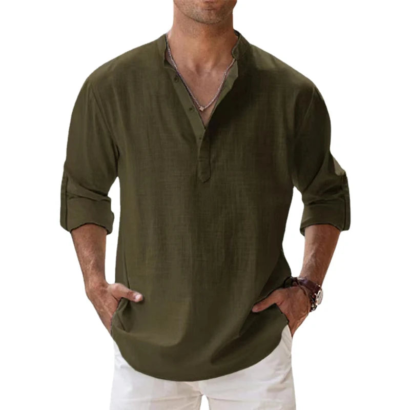 Camisa de linho Breezy. Camisas de linho de algodão para homens, camisas leves casuais manga comprida, camisas de Henley Beach, camisetas havaianas, novas