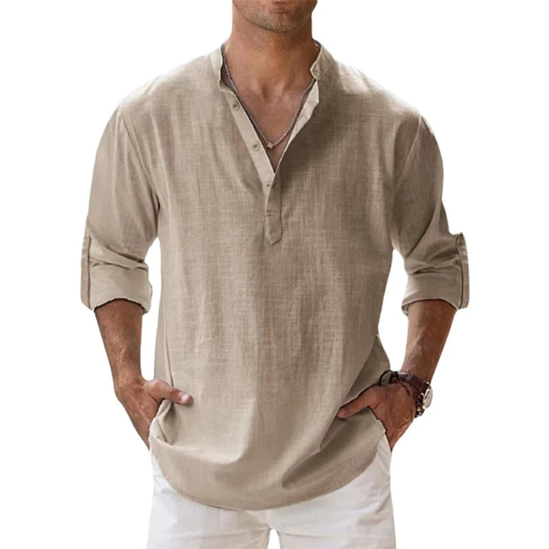 Camisa de linho Breezy. Camisas de linho de algodão para homens, camisas leves casuais manga comprida, camisas de Henley Beach, camisetas havaianas, novas