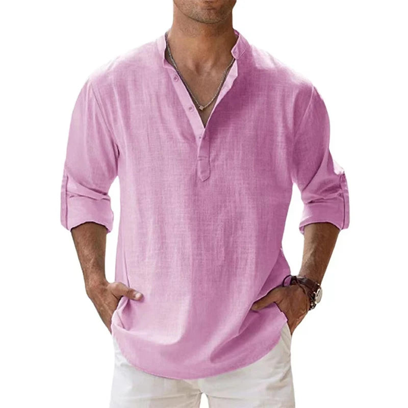 Camisa de linho Breezy. Camisas de linho de algodão para homens, camisas leves casuais manga comprida, camisas de Henley Beach, camisetas havaianas, novas