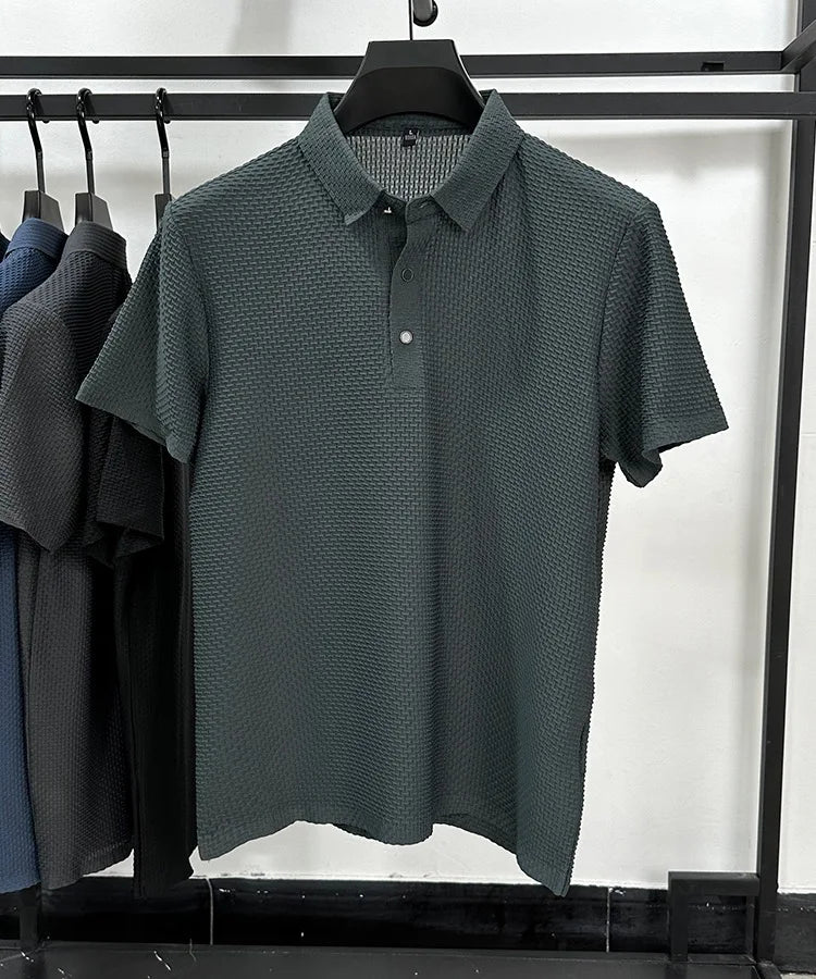 Camisa polo de seda gelo manga curta masculina, camiseta respirável elástica, roupa de marca casual sólida, oca, moda high-end, verão