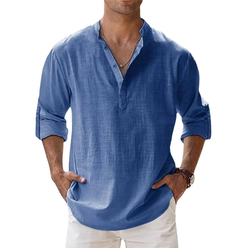 Camisa de linho Breezy. Camisas de linho de algodão para homens, camisas leves casuais manga comprida, camisas de Henley Beach, camisetas havaianas, novas