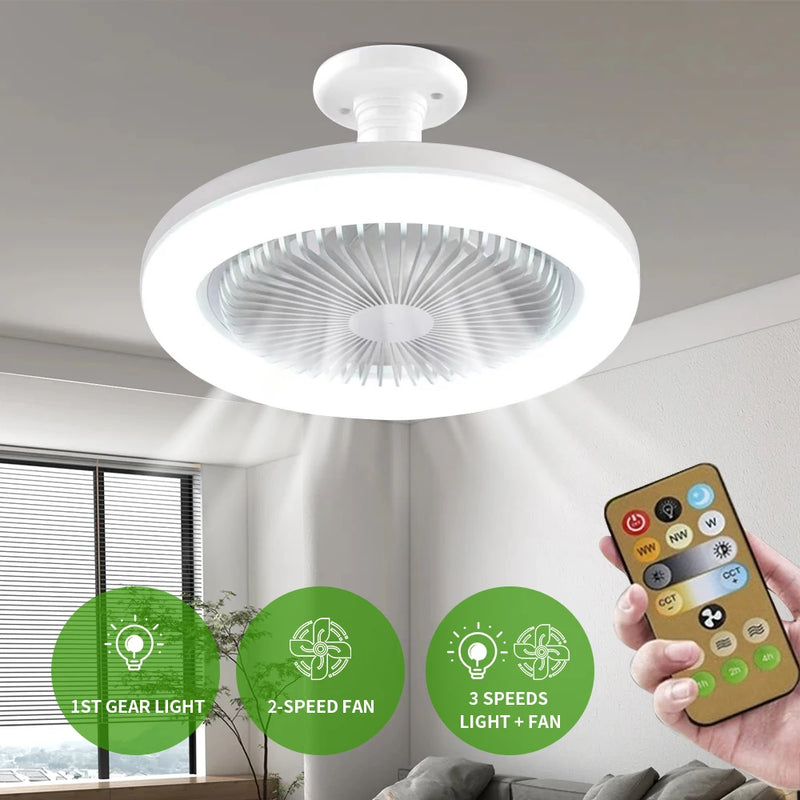 Inteligente ventiladores de teto silenciosa com controle remoto e luz, lâmpada LED, E27, Converter Base, Quarto, Sala de estar